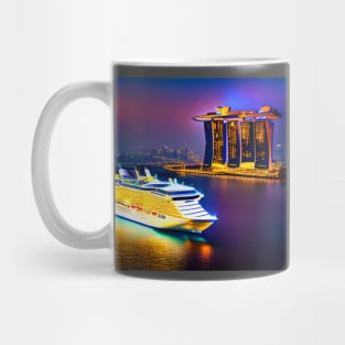 Cruise Ship Passing By The Sands Hotel In Singapore Around Dusk. Mug